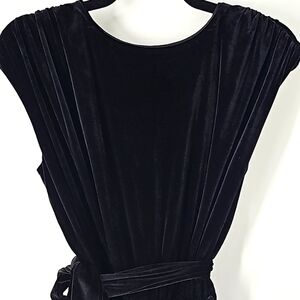 Express Black Velvet Open V-Back  Jumpsuit w Rusched Shoulders Pockets &…